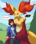 ai_generated bare_thighs big_breasts black_hair blue_eyes blush calem_(pokemon) delphox embarrassed fox_ears fox_girl fox_humanoid fox_tail fur furry furry_female game_freak huge_breasts huge_thighs human_on_anthro imminent_handjob mommy nintendo pokemon thick_thighs thighs yellow_fur