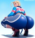 1girl big_breasts blonde_hair blue_eyes bubble_butt cammy_white cleavage horny inviting_to_sex looking_at_viewer mikadawn pose sitting street_fighter teasing thick_thighs 