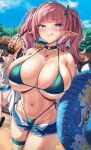  1girl beach big_breasts bikini blue_eyes bubble_butt cleavage horny inviting_to_sex kook looking_at_viewer pink_hair pose standing swimsuit teasing thick_thighs 