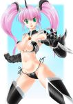  1girl angel_wings armor bikini bikini_armor breasts elbow_gloves gloves green_eyes hell_teacher_nube jigoku_sensei_nube minki minki_(jigoku_sensei_nube) panties pigtails pink_hair revealing_clothes short_twintails side-tie_bikini side-tie_panties solo swimsuit thighhighs twintails underwear wardrobe_malfunction wings zouzou 