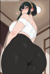  ai_generated bare_thighs big_ass black_hair blush fat_ass gigantic_ass gigantic_breasts hair_bun hairband huge_breasts huge_thighs kawaiiarts light-skinned_female light_skin looking_back low-angle_view massive_ass massive_breasts mature_female milf one_eye_closed red_eyes solo_female spy_x_family squatting sweat sweatdrop thick_body thick_female thick_thighs thighs voluptuous voluptuous_female yoga_pants yor_briar yor_forger 