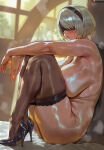  1girl big_breasts blindfold bubble_butt cleavage horny inviting_to_sex naked_female nier nier:_automata nier_(series) nude nude nude_female on_bed pose shaved_pussy shexyo sitting stockings teasing thick_thighs white_hair yorha_no._2_type_b 