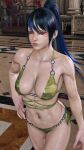 1girl alluring athletic_female big_breasts bikini black_and_blue_and_yellow_hair closed_eyes envy15re2lm female_abs fit_female gold_bikini kitsune_marks kunimitsu_ii namco ponytail tekken tekken_8