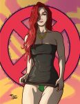 1girl alternate_costume arms_at_sides bare_arms bare_legs bare_shoulders big_breasts black_dress breasts cameltoe cleavage closed_mouth collarbone dress dress_lift expressionless female_only female_solo gold_jewelry gold_necklace green_eyes green_panties green_underwear hair_over_one_eye jean_grey jewelry legs legs_together light-skinned_female light_skin lips lipstick long_hair looking_at_viewer makeup marvel marvel_comics neck necklace panties pantyshot pantyshot_(standing) pink_lipstick red_hair serious short_dress standing straight_hair strapless strapless_dress symbol taynorhook tube_dress underwear wavy_hair x-men x-men_evolution x_symbol