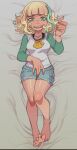 1girl 1girl barefeet barefoot blonde blonde_female blonde_hair body_pillow body_pillow_design curvy curvy_female curvy_figure dakimakura dakimakura_pose female_only fingering_pussy fingers fingers_on_pussy freckles freckles_on_face green_eyes hourglass_figure jackie_lynn_thomas naughty_bitch naughty_face necklace necklace_between_breasts poking poking_out seashell seashell_necklace shirt short_hair short_shorts shorts shy shy_gal shy_smile star_vs_the_forces_of_evil tomboy two-tone_hair white_shirt