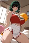  ai_generated bare_thighs cheerleader fubuki_(one-punch_man) gigantic_breasts green_eyes green_hair huge_breasts huge_thighs kawaiiarts light-skinned_female light_skin looking_at_viewer massive_breasts one-punch_man short_hair solo_female squatting sweat sweatdrop thick_body thick_female thick_thighs thighs voluptuous voluptuous_female 
