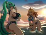  2_girls alluring arm_up ass ball beachball big_breasts bikini black_one-piece_bikini blonde_hair blue_bikini fiora_(xenoblade) green_eyes green_hair hands_up high_res holding holding_ball loke_the_artist monolith_soft multiple_girls nintendo ocean one-piece_bikini one_eye_closed pneuma_(artbook_swimsuit)_(xenoblade) pneuma_(xenoblade) ponytail riki_(xenoblade) smile sunset sweat swimsuit tiara water_drop white_one-piece_bikini xenoblade_(series) xenoblade_chronicles_1 xenoblade_chronicles_2 