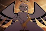 1girl 1girl ai ai_art ai_generated angel angel_wings black_halo breasts colored_skin female_masturbation fingering from_below halo hazbin_hotel looking_at_viewer looking_down lute masturbation mechanical_halo medium_breasts multiple_wings navel nipples nude pussy short_hair white_hair white_skin wings yellow_eyes