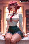1girl 1girls 2025 ai_assisted ai_generated anime animeprds25 artist_name bed big_breasts blue_eyes blue_skirt bookshelf breasts code_geass collared_shirt headband high_quality high_res high_res high_resolution indoors kallen_stadtfeld long_sleeves looking_down neck_tie on_bed patreon_username pleated_skirt red_hair red_headband red_necktie school_uniform shirt shirt_tucked_in short_hair sitting skirt smile stable_diffusion watermark white_shirt window