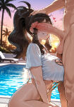1boy1girl 1girl ai_generated brown_hair curvy curvy_female curvy_figure erect_penis erection hilda_(pokemon) long_hair nude penis_awe penis_on_face pokemon pokemon_black_and_white ponytail pool sling_bikini swimsuit