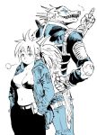  1boy 1girl ahn_dongshik ahndongshik bikini bikini_top blue_(artist) blue_theme bra breasts caiman clothing cross dorohedoro female furry jacket kaiman_(dorohedoro) knife lingerie lizard male middle_finger monochrome navel nikaido nikaidou_(dorohedoro) non-mammal_breasts open_clothes open_shirt pantsu ponytail reptile scalie shirt simple_background swimsuit tattoo teeth tied_hair underwear white_background 