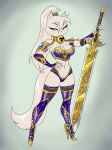 1girl armor armored_bra armored_gloves big_ass big_breasts bikini cat crovirus cute feline fluffy_tail gloves long_ears long_hair pink_hair pink_skin platform_shoes ponytail posing seductive seductive_face sexy sword tail thighs velvet_(crovirus)