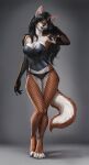 1girl big_ass big_breasts black_hair bohemiawildshadow brown_skin corset cute fishnet_gloves fishnet_thighhighs fluffy_tail fox gloves lingerie long_ears long_hair posing seductive sexy tail thighs vixen white_skin