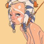  1girl ahsoka_tano alien breasts clone_wars collar female_focus imminent_rape imminent_sex kthblk leash lipstick nipples orange_background piercing pixel_art sex_slave simple_background slave solo_focus splooge_(artist) star_wars star_wars:_the_clone_wars sweat tears togruta topless topless_female upper_body 