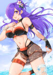  1girl 1girl armlet big_breasts bracelet breasts bryminoru cleavage cloud cloudy_sky fingerless_gloves fire_emblem fire_emblem:_three_houses fire_emblem_heroes fire_emblem_warriors:_three_hopes flower gloves hair_flower hair_ornament hair_over_one_eye intelligent_systems jewelry long_hair looking_at_viewer navel nintendo official_alternate_costume open_mouth purple_eyes purple_hair shez_(fire_emblem) shez_(fire_emblem)_(female) shez_(summer)_(fire_emblem) sky smile splashing water 