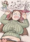 big_belly bird breasts brown_hair chicken clothes fat food fruit glasses hair hime_cut kobayakawa_horan large_breasts nekokami nyanpura open_mouth orange_(fruit) original plump sleeping