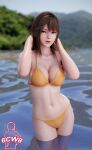1girl 6cw8 alluring bikini brown_eyes brown_hair cleavage dead_or_alive dead_or_alive_xtreme_venus_vacation in_water misaki_(doa) pin_up silf swimming tecmo