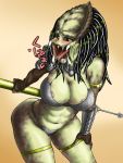  alien areola_slip areolae armor ass big_breasts bikini_armor blush breasts claws dreadlocks fangs fingerless_gloves gloves hairlocs horny mandibles monster_girl non-mammal_breasts polearm predator predator_(franchise) saliva spear tongue weapon yautja 