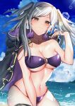 1girl alluring bare_arms bare_shoulders beach big_breasts bikini black_robe blue_sky blush brown_eyes cleavage closed_mouth cloud coat coat_on_shoulders collarbone commentary_request day fire_emblem fire_emblem_awakening fire_emblem_heroes fire_emblem_warriors grey_hair high_res hooded_robe intelligent_systems jewelry long_hair looking_at_viewer navel nekolook nintendo o-ring o-ring_bikini ocean official_alternate_costume outside purple_bikini robe robin_(fire_emblem) robin_(fire_emblem)_(female) robin_(summer)_(fire_emblem)_(female) skindentation sky smile stomach swimsuit thick_thighs thighs twin_tails under_boob water