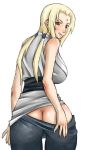 :p ass back big_ass big_breasts blonde_hair blush breasts brown_eyes enoshima_iki hair horny lick lipstick looking_back naruto pants_pull pussy sasuke_uchiha smirk solo tongue tongue_out tsunade twin_tails twintails