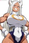 ai_generated athletic_female bare_thighs boku_no_hero_academia dark-skinned_female dark_skin gigantic_breasts grin huge_breasts huge_thighs long_hair looking_down low-angle_view massive_breasts miruko muscular_female my_hero_academia rabbit_ears red_eyes rumi_usagiyama sawahebi solo_female squatting sweat sweatdrop thick_body thick_female thick_thighs thighs voluptuous voluptuous_female white_hair