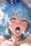 ai_generated aqua_(konosuba) blue_eyes blue_hair blush cum cum_in_mouth cum_on_face cum_on_hair cum_on_tongue eyes_rolling_back goddess gojao heart-shaped_pupils kono_subarashii_sekai_ni_shukufuku_wo! light-skinned_female light_skin long_hair oiled_body oiled_skin open_mouth orgasm_face solo_female squatting sweat sweatdrop tongue_out voluptuous voluptuous_female