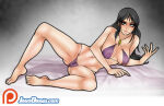  1girl artist_name bare_arms bare_legs bare_shoulders barefoot big_breasts bikini black_hair blue_eyes breasts breasts_apart closed_mouth criss-cross_halter erect_nipples feet female_only female_pubic_hair female_solo fire_and_ice full_body grey_background hand_up highleg highleg_swimsuit jago_(artist) jago_dibuja jagodibuja jewelry legs lips long_hair looking_at_viewer lying lying_on_side midriff mound_of_venus naughty_face navel necklace nipples on_side princess princess_teegra pubic_hair purple_bikini purple_swimsuit pussy revealing_clothes see-through see-through_bikini see-through_clothes see-through_swimsuit shadow smile spread_legs straight_hair swimsuit teegra thighs 