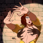 alternate_version_available april_o'neil april_o'neil_(tmnt_1987) artist_name artist_signature big_breasts breasts brick_wall brown_eyes brown_hair dncsamsonart hand_shadow_covering_breasts_(meme) hands_casting_shadow jumpsuit open_jumpsuit open_shirt spotlight teenage_mutant_ninja_turtles tmnt_1987