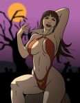1girl arm_behind_head arm_up armpits bangs bare_legs bare_shoulders big_breasts black_hair blunt_bangs blurry blurry_background breasts collarbone dynamite_comics earrings fangs female_only female_solo full_moon gold_earrings gold_jewelry graveyard half-closed_eyes hand_up jewelry legs light-skinned_female light_skin lips lipstick long_hair looking_at_viewer makeup monster_girl moon naughty_face navel neck o-ring open_mouth outside purple_eyes purple_sky red_clothing red_lipstick revealing_clothes rock round_teeth sitting sky smile straight_hair taynorhook teeth thick_thighs thighs tree upper_teeth upper_teeth_only vampire vampire_girl vampirella vampirella_(series)