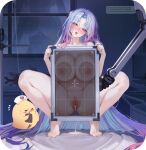 1girl azur_lane big_breasts blush breasts breasts_press cum_dripping cum_dripping_out_of_pussy cum_in_pussy cum_leaking cum_leaking_out_of_pussy cum_puddle edited female_only ganj-i-sawai_(azur_lane) hospital hospital_bed hospital_room legs_spread long_hair mofumochii multicolored_hair naked nipples nude nude_female purple_eyes purple_hair pussy pussy_spread ship_girl solo_female third-party_edit tiptoes tongue tongue_out x-ray_machine