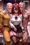 1girls 2025 2boys ai_assisted ai_generated anime animeprds25 artist_name bald belt big_breasts black_choker black_skirt breasts choker clothed_female_nude_male covered_nipples garter_straps hetero high_quality high_res high_res high_resolution indoors kirijou_mitsuru megami_tensei mitsuru_kirijo multiple_boys muscular muscular_male nipples nude patreon_username pencil_skirt red_hair see-through shirt skirt stable_diffusion stockings tongue tongue_out watermark yellow_bodysuit