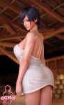 1girl 6cw8 alluring ass big_breasts black_and_blue_hair blue_eyes dead_or_alive dead_or_alive_xtreme_venus_vacation looking_at_viewer naked_towel onsen reika_(doa) tecmo towel towel_only