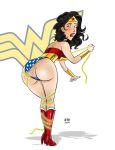 2009 ass black_hair blush bracelet bubble_butt cutebuns7 cutebuns7_(artist) dc embarrassing hairband huge_ass lasso lipstick mole oops pull red_lipstick rope shiny shiny_skin short_hair wardrobe_malfunction white_background wonder_woman