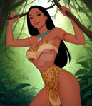  1girl alternate_costume arm_tattoo armpits bangs bare_arms bare_legs bare_shoulders bikini black_eyes black_hair breasts cheetah_print critadako dark-skinned_female dark_skin day disney female_only female_solo grin jaguar_print jewelry jungle leaf leaves leopard_print lips lipstick long_hair looking_at_viewer makeup medium_breasts midriff native_american native_american_female nature navel neck necklace outside parted_bangs parted_lips pelvic_curtain plant pocahontas pocahontas_(1995_film) pocahontas_(character) print_bikini print_clothing print_swimsuit red_lipstick revealing_clothes smile standing straight_hair strapless strapless_bikini strapless_swimsuit swimsuit tattoo thighs tree under_boob vines yellow_bikini yellow_swimsuit 