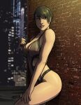  1girl against_wall bare_arms bare_legs bare_shoulders batman_(series) big_breasts black_hair black_lingerie breasts building catwoman city cleavage collarbone dc_comics earrings female_only female_solo grin jewelry legs lingerie lips lipstick looking_to_the_side makeup naughty_face neck night outside parted_lips pink_lipstick selina_kyle short_hair smile standing standing_on_one_leg taynorhook thick_eyebrows thighs 