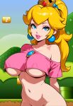  1girl ai-generated ai_generated arms_behind_back big_breasts blonde_hair blue_eyes crop_top crown earrings female_focus field field_background jewelry looking_at_viewer mario_(series) mountains naughty_face navel nintendo princess_peach super_mario_bros. under_boob 
