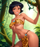 1girl alex_(totally_spies) alternate_costume arm_at_side armpits bangs bare_arms bare_legs bare_shoulders big_breasts bikini black_hair blue_brooch bob_cut breasts brooch brown_eyes cheetah_print critadako dark-skinned_female dark_skin day female_only female_solo grin hand_up heroine jaguar_print jewelry jungle leaf leaves leopard_print lips lipstick looking_at_viewer makeup medium_breasts midriff nature naughty_face navel neck outside parted_lips pelvic_curtain pink_lipstick plant print_bikini print_clothing print_swimsuit revealing_clothes short_hair smile strapless strapless_bikini strapless_swimsuit swimsuit teen teenage_girl thighs totally_spies tree under_boob vines yellow_bikini yellow_swimsuit