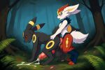  3_fingers 3_toes absurd_res ai_generated all_fours animal_genitalia anthro anthro_on_feral anthro_penetrating anthro_penetrating_feral balls bestiality big_balls big_penis big_tail biped black_body black_claws black_eyes black_fur blue_body blue_fur blush blush_lines bodily_fluids cinderace claws cum cum_in_ass cum_inside cum_on_balls cum_on_body cum_on_ground cum_on_penis cumshot duo eeveelution ejaculation eyebrows feet feral feral_penetrated fingers fluffy_(artist) fluffy_tail forest fur generation_2_pokemon generation_8_pokemon genital_fluids genitals half-closed_eyes hand_on_butt high_res huge_balls huge_penis knot knotted_penis long_ears looking_at_another looking_at_partner male male/male male_penetrated male_penetrating male_penetrating_male markings narrowed_eyes nintendo open_mouth outside_sex paws penetration penis plant pokemon pokemon_(species) pupils quadruped red_body red_eyes red_fur red_sclera sex sheath snout tail toes tree umbreon white_body white_fur white_pupils yellow_markings yiff_ai_(director) 