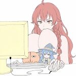  1:1_aspect_ratio 1girl 2_girls ahoge big_breasts blue_eyes blue_hair braid breast_sucking breasts character_doll chibi closed_mouth clothing computer eris_greyrat_(adult) erwinmendez88 gloves hair_between_eyes hat headwear high_resolution holding keyboard_(computer) long_hair long_sleeves monitor multiple_girls mushoku_tensei:_isekai_ittara_honki_dasu nude pochita_(chainsaw_man) red_eyes red_hair ribbon roxy_migurdia self_breast_sucking shirt side_braid simple_background single_braid sitting spellcaster_hat tied_hair topless upper_body very_high_resolution very_long_hair white_background witch_hat yellow_eyes 