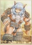 armor barba belua_maximus blue_eyes breasts castle chest_tuft female fur gatten hair horn horns kyozou_musume muscle muscles shadow shadow_of_the_colossus skin solo the_goliath white_hair