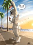 1girl 3:4 absurd_res alternative_fashion ambient_bird anthro ass beach detailed_background dialogue digital_media_(artwork) disney ear_piercing earbuds earring electronics english_text european_rabbit eyebrow_piercing facial_piercing female fur gesture goth grey_body grey_fur hand_gesture headphones high_res judy_hopps lagomorph leporid lighthouse link6432 looking_at_viewer looking_back looking_back_at_viewer makeup mammal middle_finger music_player nose_piercing nose_ring nude oryctolagus outdoor_nudity outside palm_tree piercing plant public public_nudity purple_eyes rabbit rear_view ring_piercing sand scut_tail short_tail sky solo speech_bubble sun tail talking_to_viewer text tree walking water zootopia