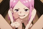  1boy 1girl ai_generated areola big_penis cum cum_explosion cum_on_face cumshot ejaculation gif grin handjob huge_cock jewelry_bonney light-skinned_female light-skinned_male light_skin long_hair looking_at_viewer nipples nude nude_female nude_male one_piece penis pink_hair purple_eyes small_breasts thighs 