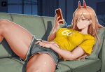  ai_generated bare_thighs big_breasts blonde_hair chainsaw_man demon_girl demon_horns dolphin_shorts erect_nipples female_masturbation fingering floresai holding_phone horn horns huge_breasts huge_thighs light-skinned_female light_skin long_hair orange_eyes phone power_(chainsaw_man) solo_female squatting sweat sweatdrop t-shirt thick_body thick_female thick_thighs thighs voluptuous voluptuous_female 