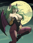 1girl bangs bare_shoulders bat bat_print big_breasts black_boots black_footwear black_high_heel_boots black_high_heels black_leotard blunt_bangs boots breasts bridal_gauntlets capcom cleavage collarbone darkstalkers demon_girl demon_wings fangs female_only female_solo floating_hair flying footwear full_moon gradient gradient_background green_eyes green_hair half-closed_eyes hand_on_breast hand_up head_wings high_heel_boots high_heels highleg highleg_leotard huge_breasts legs legwear leotard light-skinned_female light_skin lips lipstick long_hair looking_at_viewer makeup moon morrigan_aensland naughty_face neck night night_sky off-shoulder_leotard off_shoulder open_mouth outside pantyhose pink_lipstick purple_legwear purple_pantyhose round_teeth sky smile straight_hair taynorhook teeth thighs tongue upper_teeth upper_teeth_only wings
