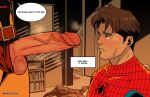 2026 2boys brown_hair english_text hairy_balls imminent_fellatio indoors kuroubojin logan_(x-men) male male_only marvel marvel_comics musky musky_cock on_knees peter_pan precum precum_bubble pubic_hair smelly_cock speech_bubble spider-man spider-man_(series) text_box wolverine_(x-men) x-men yaoi