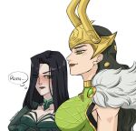 2_girls black_hair breast_envy genderswap genderswap_(mtf) girl_staring_at_guy's_chest_(meme) hair_over_one_eye hela horns lady_loki loki marvel marvel_comics meme rule_63 smirk spicycheese