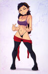  aged_up belly_piercing big_breasts black_hair boots breasts choker devil_horns earrings hairband jumpdriiver jumpsuit_down looking_at_viewer panties piercings purple_eyes superhero_costume superheroine tank_top the_incredibles violet_parr 