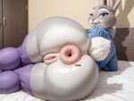 1girls ai_generated anus bed big_ass disney donut_anus grey_fur judy_hopps lying_on_bed lying_on_side mammal pink_anus puffy_anus pussy rabbit realistic showing_ass smooth_fur stockings text winking_anus zootopia