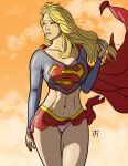 1girl adapted_costume alien_girl arm_at_side bare_legs big_breasts blonde_female blonde_hair blue_shirt breasts cape cloud dc_comics female_only female_solo floating_hair flying grin half-closed_eyes hand_up heroine kara_zor-el kryptonian legs legs_together light-skinned_female light_skin lips lipstick long_cape long_hair long_sleeves looking_to_the_side makeup midriff miniskirt naughty_face navel neck outside panties pantyshot parted_lips pink_panties pink_underwear pleated_skirt red_cape red_skirt shirt skirt sky smile standing straight_hair sunset supergirl supergirl_(series) superhero_costume superheroine superman_(series) taynorhook thighs underwear