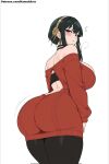  ai_generated back_view backboob bare_thighs big_ass big_ass black_hair blush fat_ass gigantic_ass gigantic_breasts hair_bun hairband huge_breasts huge_thighs kawaiiarts light-skinned_female light_skin looking_back massive_ass massive_breasts mature_female milf pantyhose red_eyes solo_female spy_x_family squatting sweat sweatdrop sweater thick_body thick_female thick_thighs thighs voluptuous voluptuous_female yor_briar yor_forger 
